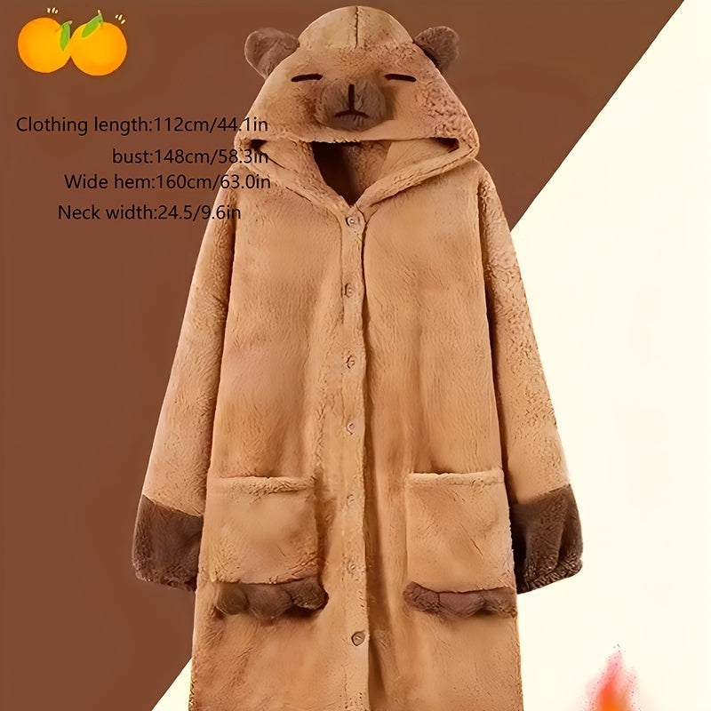1pc Preppy Style Capybara Hooded Wearable Blanket - Adult Size Knit Polyester Coral Fleece Animal Themed Nightgown with Pockets and Tapered Cuffs, Machine Washable, No Print