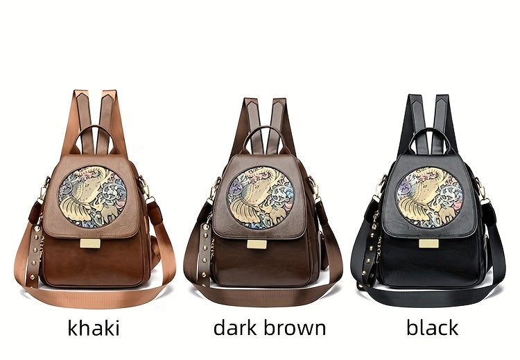 Vintage Boho-Chic Large Tote Bag - Soft Faux Synthetic, Spacious & Lightweight for Travel and Commuting, Adjustable Shoulder Strap, Zipper Closure, Black with Mandala & Eagle Design, Large Tote Ba