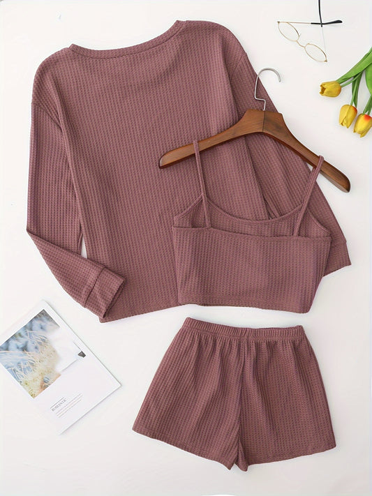Solid Waffle Lounge Set, Casual Long Sleeve Crew Neck Top & Cami Top & Elastic Waistband Shorts, Women's Loungewear & Sleepwear