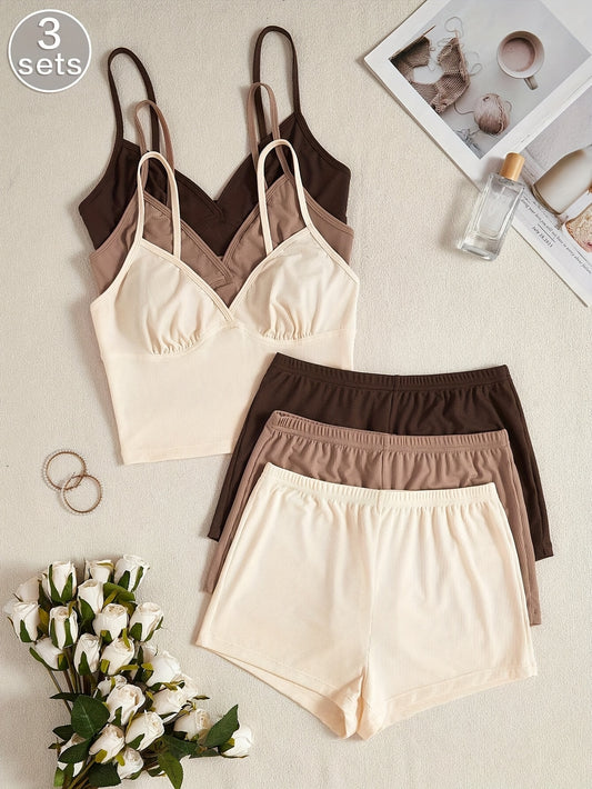 3 Sets Women'S Ribbed Cami & Shorts Pajama Sets - Basic Solid Color, V-Neck, Strapless, Fabric, Perfect for Spring/Summer, Adult Sleepwear|Vneck Design| Construction, Sleepwear