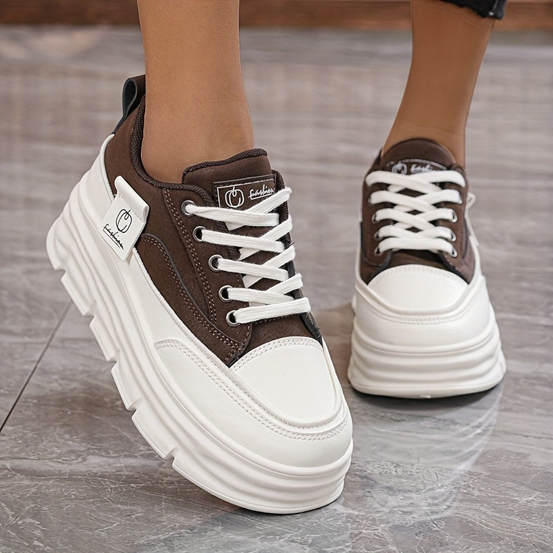 Women's Casual Low-Top Running Shoes - Versatile White & Brown Design, Lace-Up, Comfortable EVA Insole, Durable PVC Sole, Perfect for Casual Attire, Students, and Office Use, Student Sneakers | Modern Sneakers | Synthetic Cov