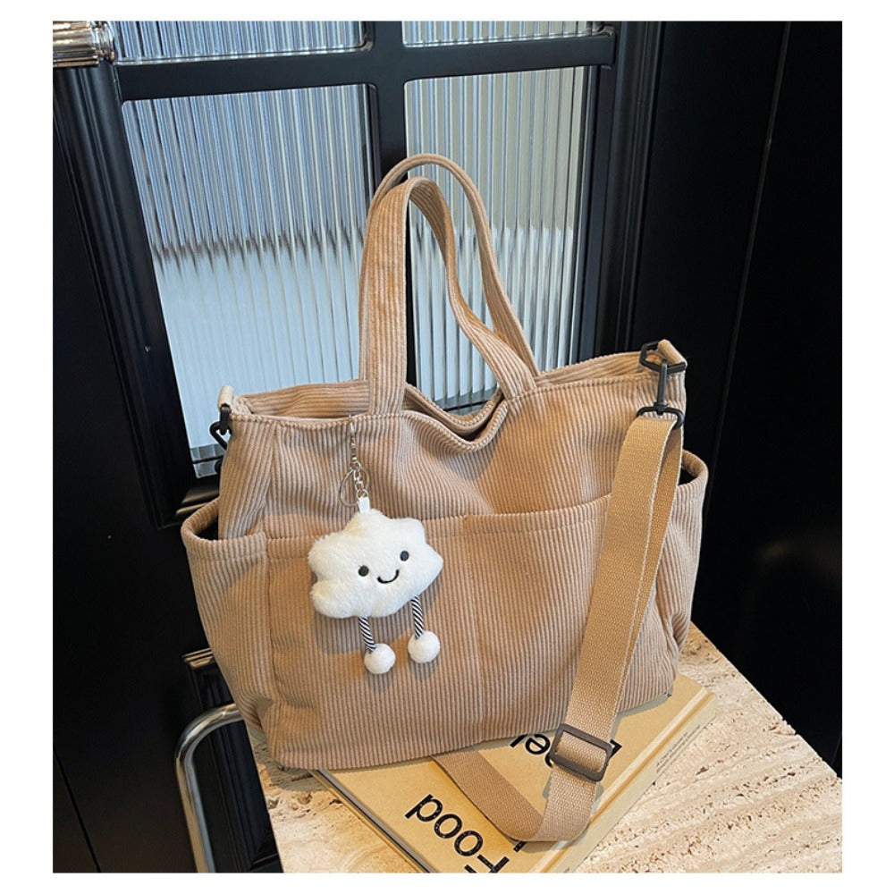 Large Capacity Corduroy Shoulder Bag for Women, Adjustable Strap, Zip Closure, Machine Washable - Ideal for Daily Commute and School