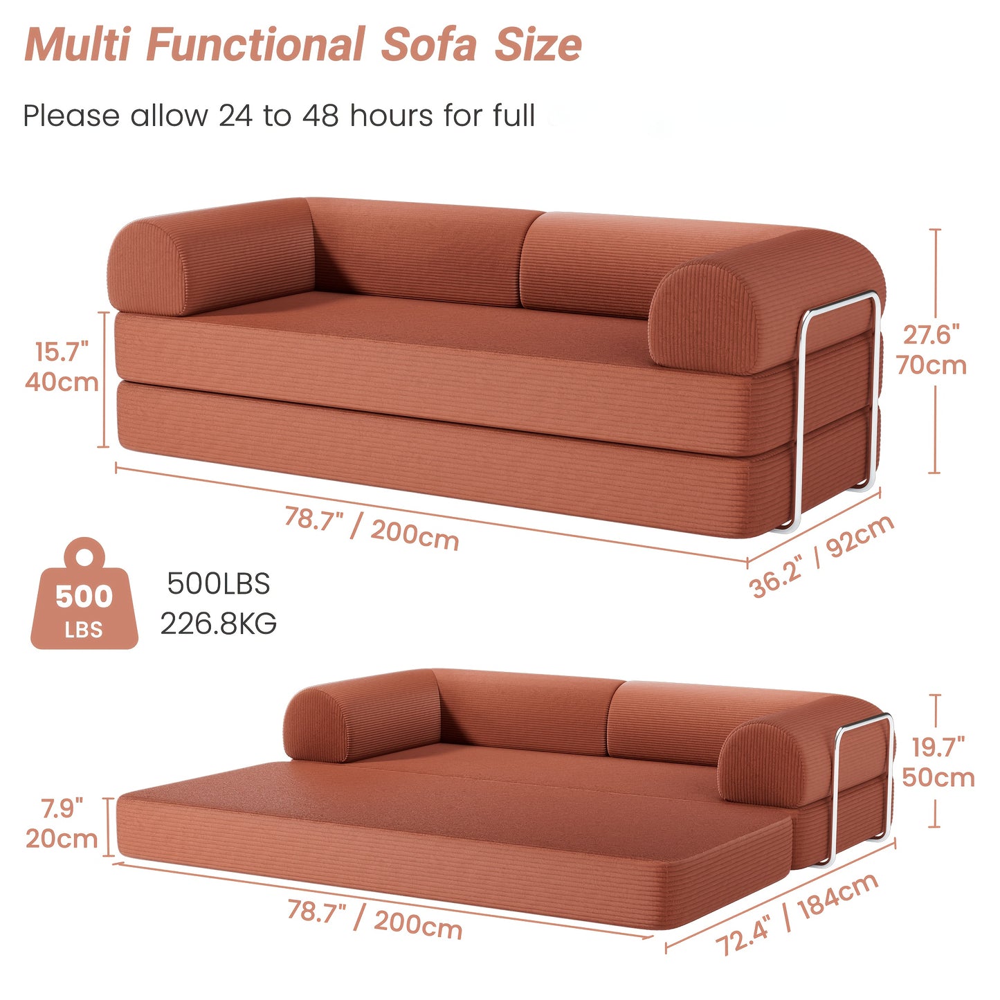 KERDOM 78" Convertible Corduroy Sleeper Sofa Bed - 3-Person Green Space-Saving Love Seat with Pull-Out Bed, High-Rebound Density Foam, Stainless Steel Frame & Spliced Block Design for Living Room, Apartments, Guest Sleeping S