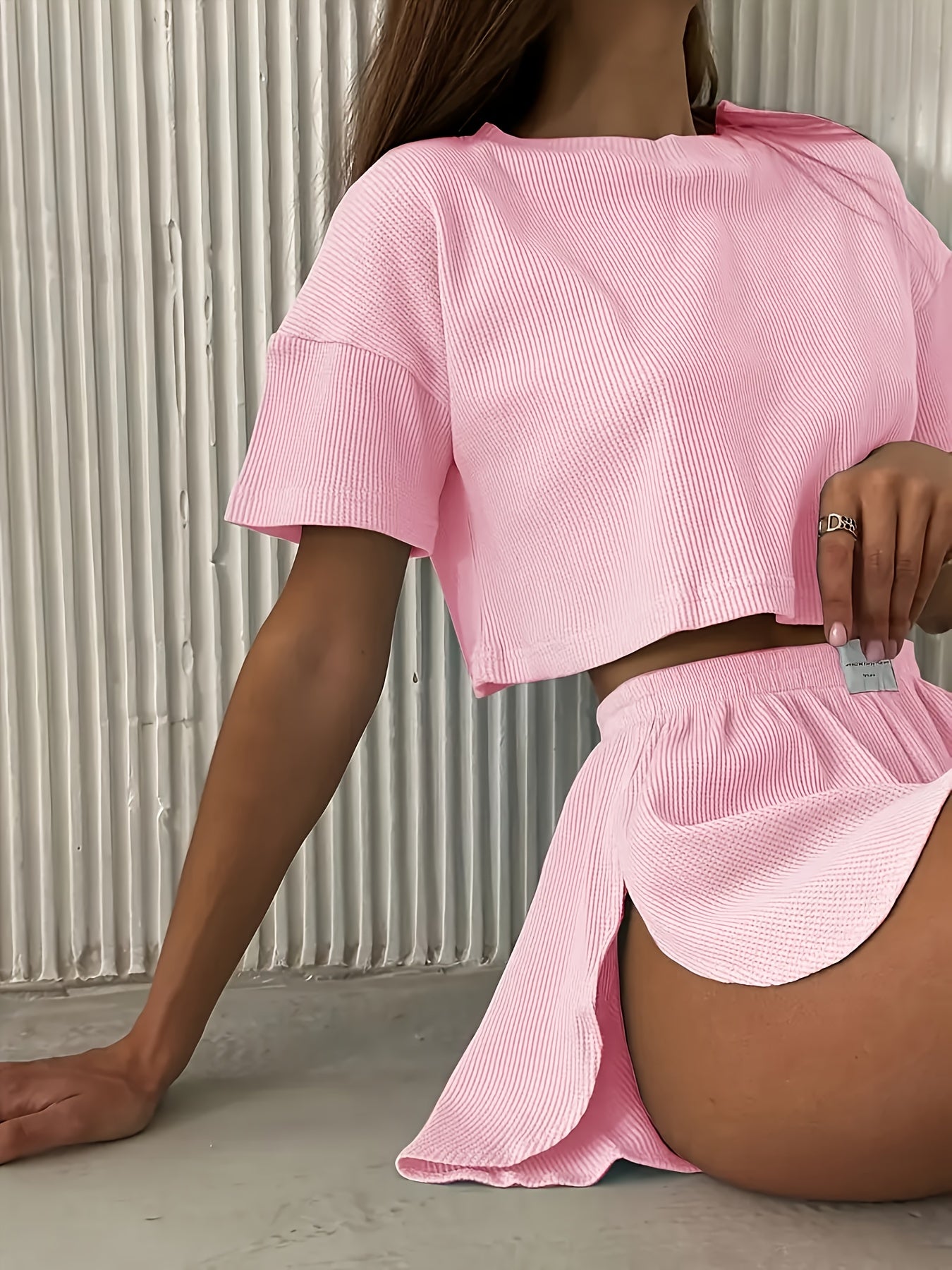 2pcs Casual Short Sleeved Shorts Set, Short Sleeved Off Shoulder Crop Top And Side Split Shorts, Loose, Soft And Comfortable Home Wear Pajama Set
