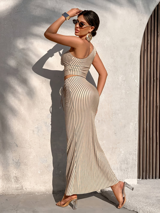 New Elegant Style Products In 2025, Women's Summer Casual Striped One-shoulder Pleated Top And Pleated Mermaid Skirt Skirt Suit