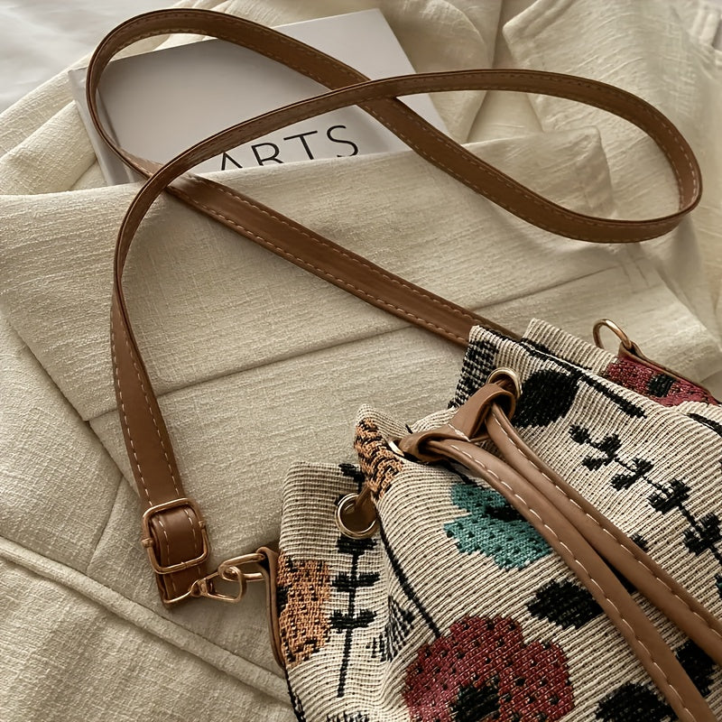 Women's Floral Print Bucket Bag with Adjustable Drawstring Closure - Spacious Crossbody Handbag, Polyester Lined for Casual & Formal Occasions, Crossbody Purse