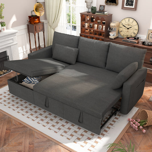[Pull Out Couch] Polar Aurora Sleeper Soft Bed - Convertible Iron Frame Futon Sofa with Storage Chaise - For Living Room/Apartment/Office (Linen L-Shape, Dark Gray)