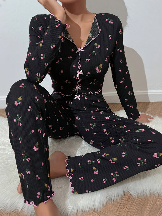 Casual Floral Print Ribbed Lettuce Trim Lounge Set, Bow Decor Long Sleeve Lapel Collar Top & Pants, Women's Loungewear & Sleepwea
