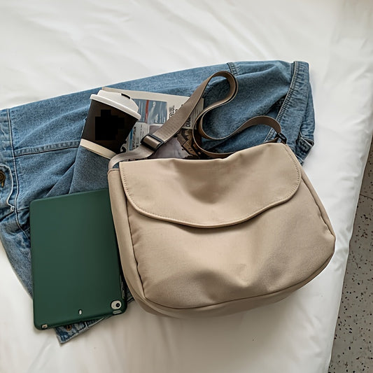 Large Capacity Durable Nylon Crossbody Bag with Adjustable Strap, Zipper Closure - Lightweight, Foldable Design in Beige/Coffee//Black - Ideal for Daily Use