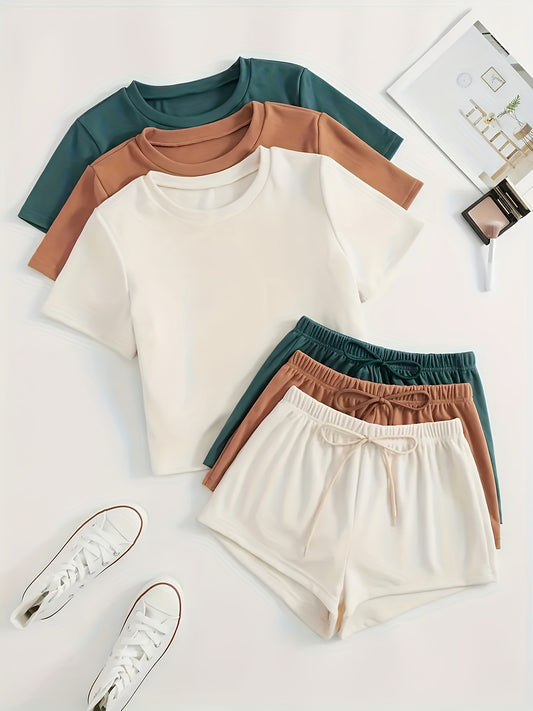 Three-piece Set Of Multi-color And Style Velvet Fabric Women'S Casual Short-sleeved Top And Shorts For Home