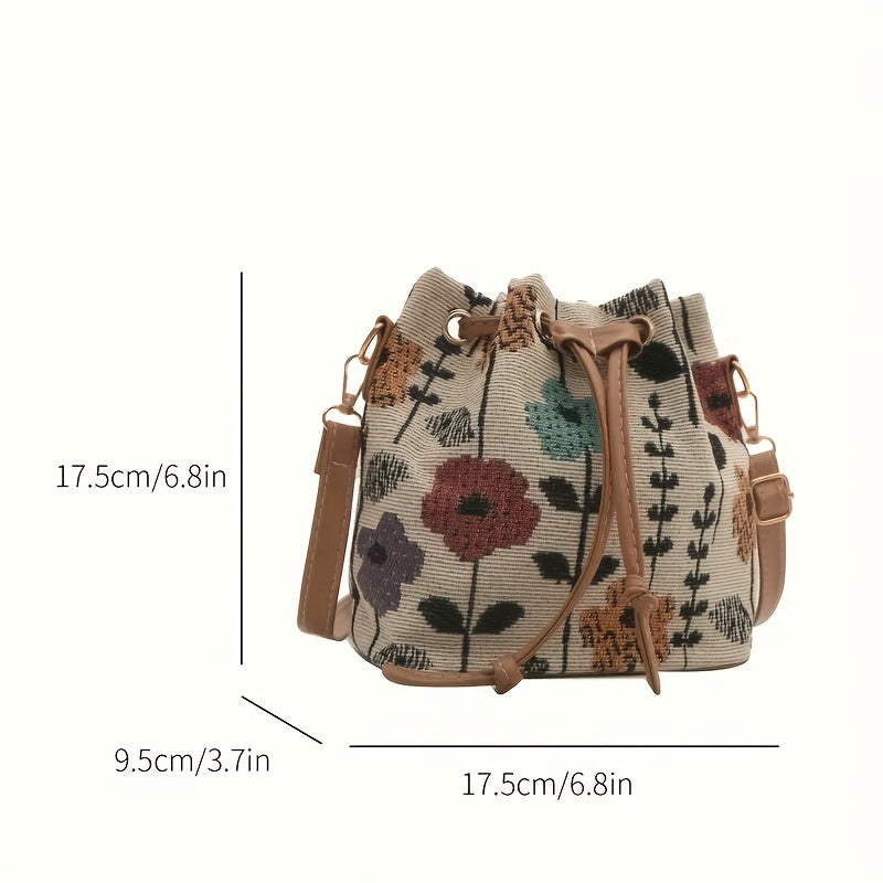 Women's Floral Print Bucket Bag with Adjustable Drawstring Closure - Spacious Crossbody Handbag, Polyester Lined for Casual & Formal Occasions, Crossbody Purse