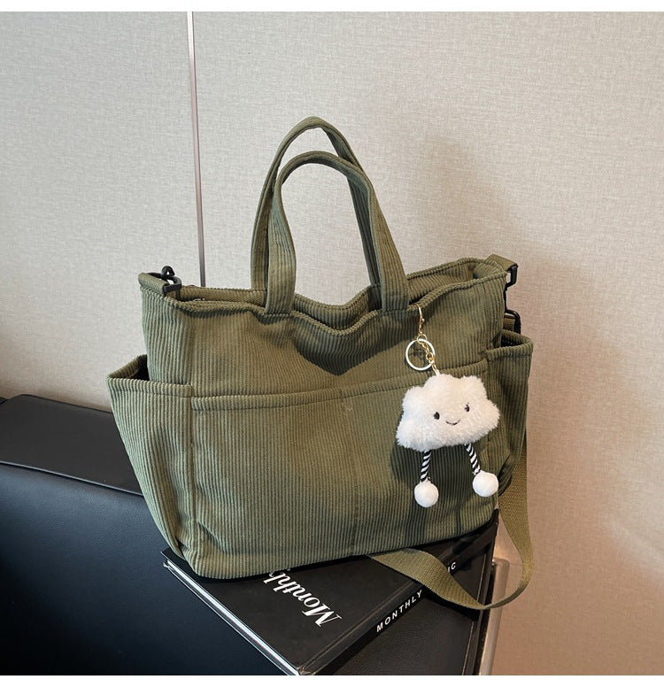 Large Capacity Corduroy Shoulder Bag for Women, Adjustable Strap, Zip Closure, Machine Washable - Ideal for Daily Commute and School