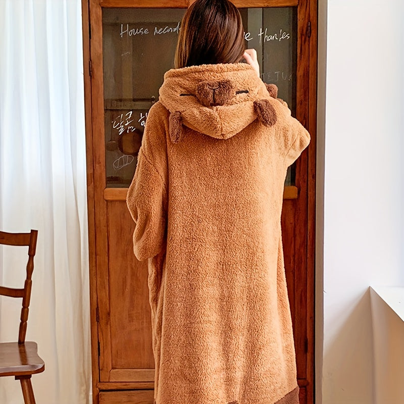 1pc Preppy Style Capybara Hooded Wearable Blanket - Adult Size Knit Polyester Coral Fleece Animal Themed Nightgown with Pockets and Tapered Cuffs, Machine Washable, No Print