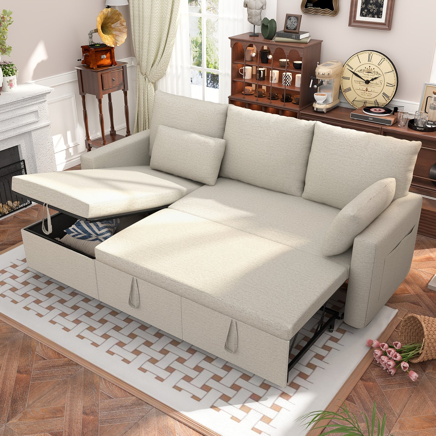 [Pull Out Couch] Polar Aurora Sleeper Soft Bed - Convertible Iron Frame Futon Sofa with Storage Chaise - For Living Room/Apartment/Office (Linen L-Shape, Dark Gray)