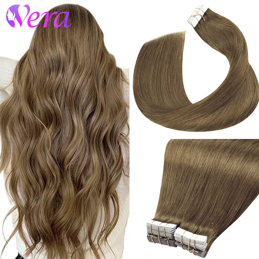 Tape In Extensions Silky Straight Hair #8 Ash Brown Color 100% Real Human Hair Seamless Hair Extensions 20 40 Pcs For Women