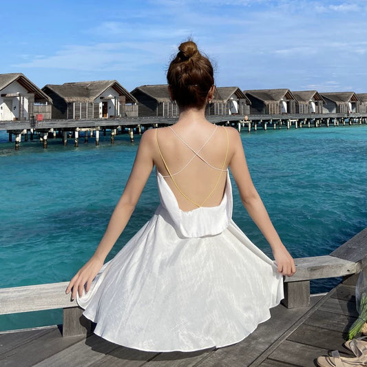 White Small Dress Short Immortal Backless Dress Women Summer Vacation Skirt Seaside Beach Skirt Sling Slim White Dress