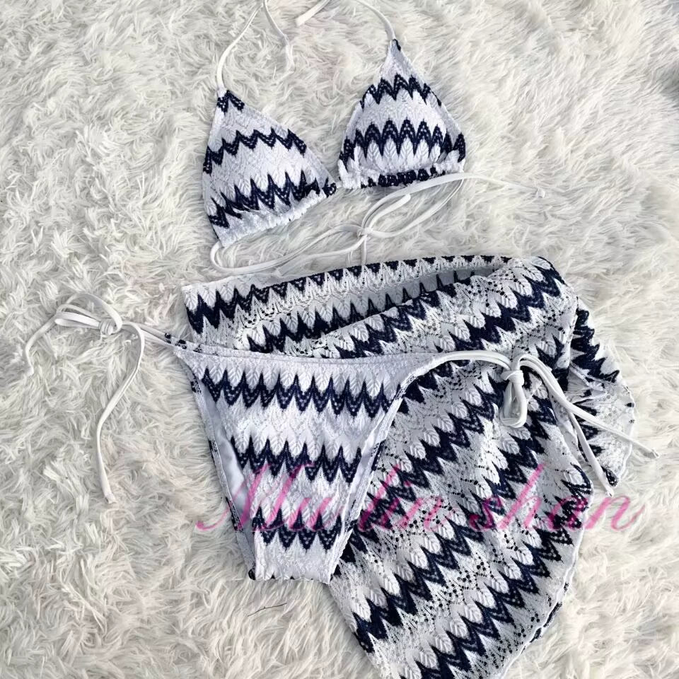 Hot Spring Wave Stripes Three-Point Small Chest Sexy Swimsuit