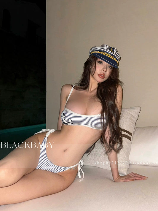 European and American Gyaru Sexy Three-Point Bikinis Navy Style Stripe Split Swimsuit Hot Spring Vacation Swimsuit Bikini