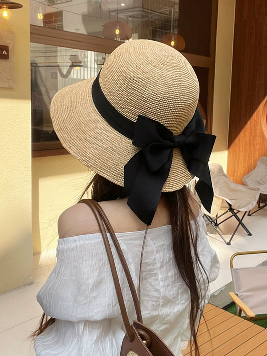 Straw Hat Hand Crocheting Female Elegance Bows Decorative Raffia