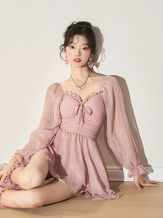 Rococo [Pink Lady] Swimsuit Women's One-Piece Young Adult Hot Spring Vacation Fairy Style Long Sleeve Skirt Style Flab Hiding