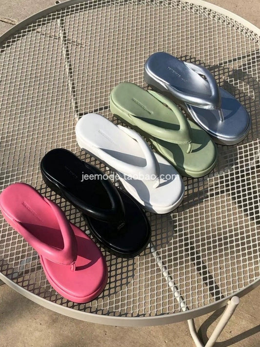 Xiaochi in Seoul 2024 Summer K-style Thick Sole Wedge Casual Beach Outwear Vacation Flip Toe Flip-Flops