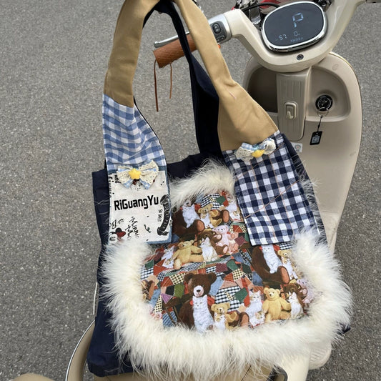 Japanese Style Retro Plaid Cute Special-Interest Design Cartoon Fur Bag Y2g Millennium Sexy Casual Shoulder Bag