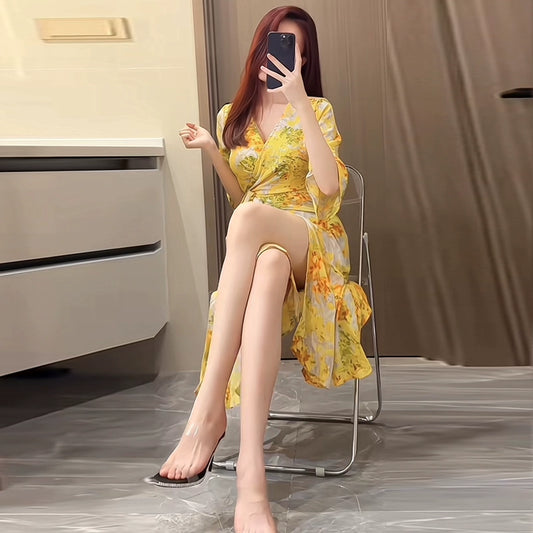 Yellow Shirt 2025 Summer New Arrival Florals French Style Pure Desire Stepmother Dress Wrap Holiday Women's Midi Dress