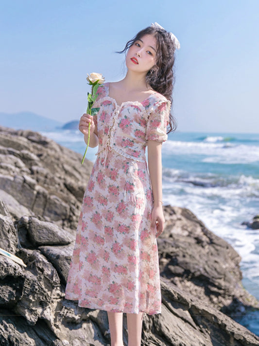 Girls Tea Break Design Sense Niche Slim Looking Floral Dress