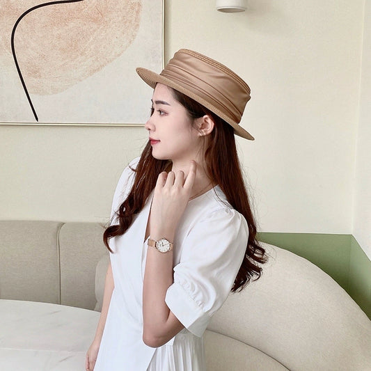 Straw Hat Japanese Style Pleated Ribbon Women's Outing Small Brim