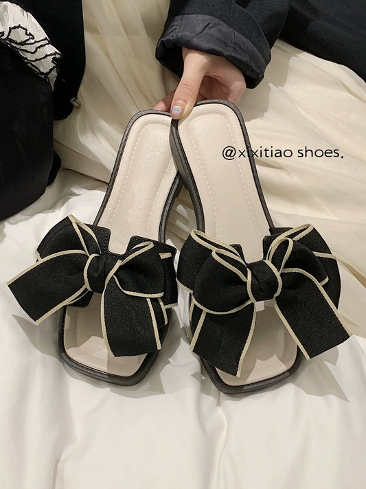 Thin Mesh Red Fashion Outwear Bows Flats Slippers Women's Summer Fairy Style Seaside Vacation Beach Shoes