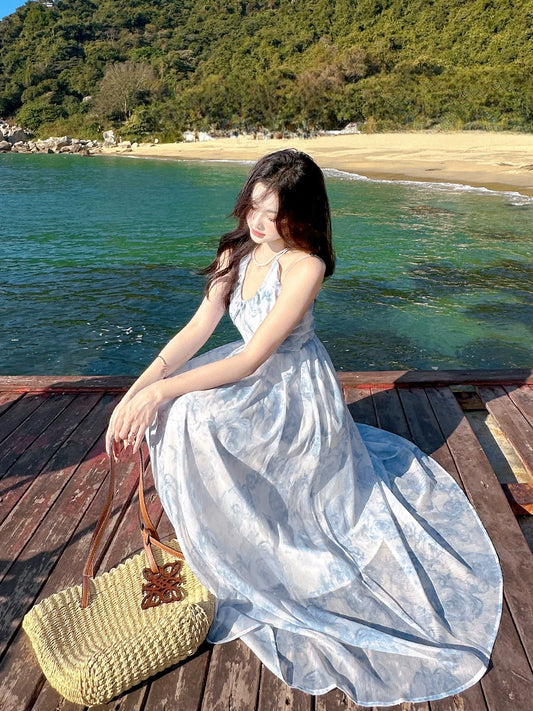 Sanya Seaside Blue Vacation Style Suspender Skirt Halterneck Beach Skirt Floral Dress Women's Summer Elegant Chiffon Dress