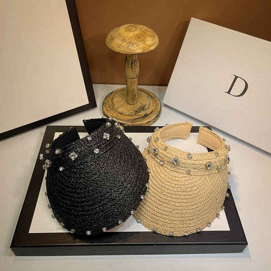 Internet Hot Rhinestones Women's South Korea Beach No Top Sun-Proof Straw Hat