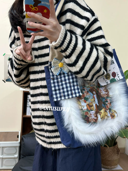 Japanese Style Retro Plaid Cute Special-Interest Design Cartoon Fur Bag Y2g Millennium Sexy Casual Shoulder Bag