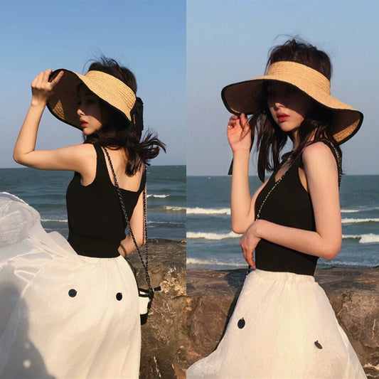 No Top Women's Seaside Fresh Style Foldable Sun-Shading Straw Hat
