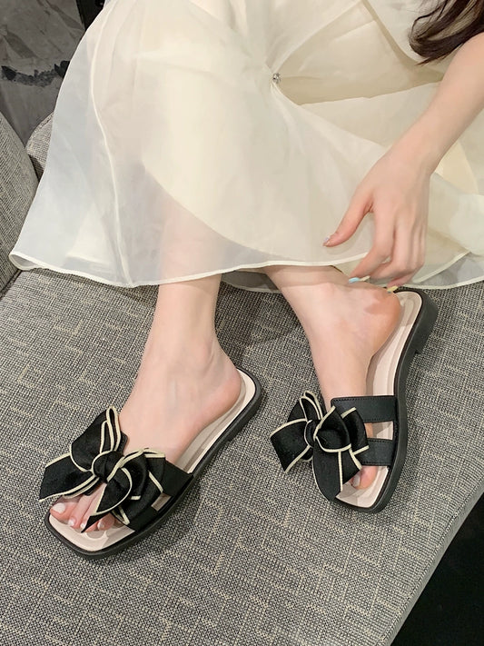 Thin Mesh Red Fashion Outwear Bows Flats Slippers Women's Summer Fairy Style Seaside Vacation Beach Shoes