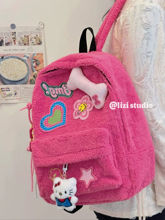 2024 Retro Autumn and Winter Y2g Cute Trendy Plush Niche Backpack Commuter Versatile Fashion Furry Backpack Schoolbag