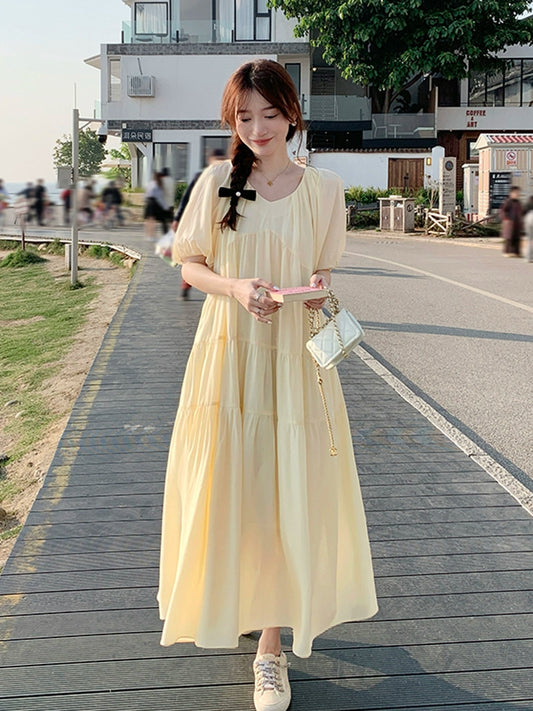 Lazy Light Yellow Elegant Loose Slimming Dress