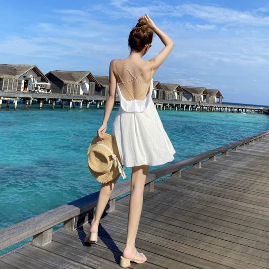White Small Dress Short Immortal Backless Dress Women Summer Vacation Skirt Seaside Beach Skirt Sling Slim White Dress