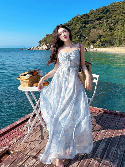 Sanya Seaside Blue Vacation Style Suspender Skirt Halterneck Beach Skirt Floral Dress Women's Summer Elegant Chiffon Dress