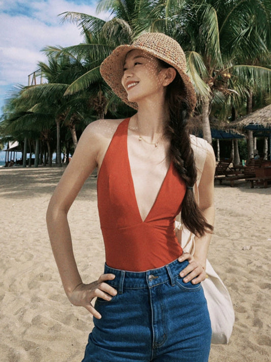Vanliga New Arrival Retro One-Piece Swimsuit Women's Hong Kong Style Sexy Deep V Slim Looking Belly Covering Hot Spring Vacation Beach Swimsuit