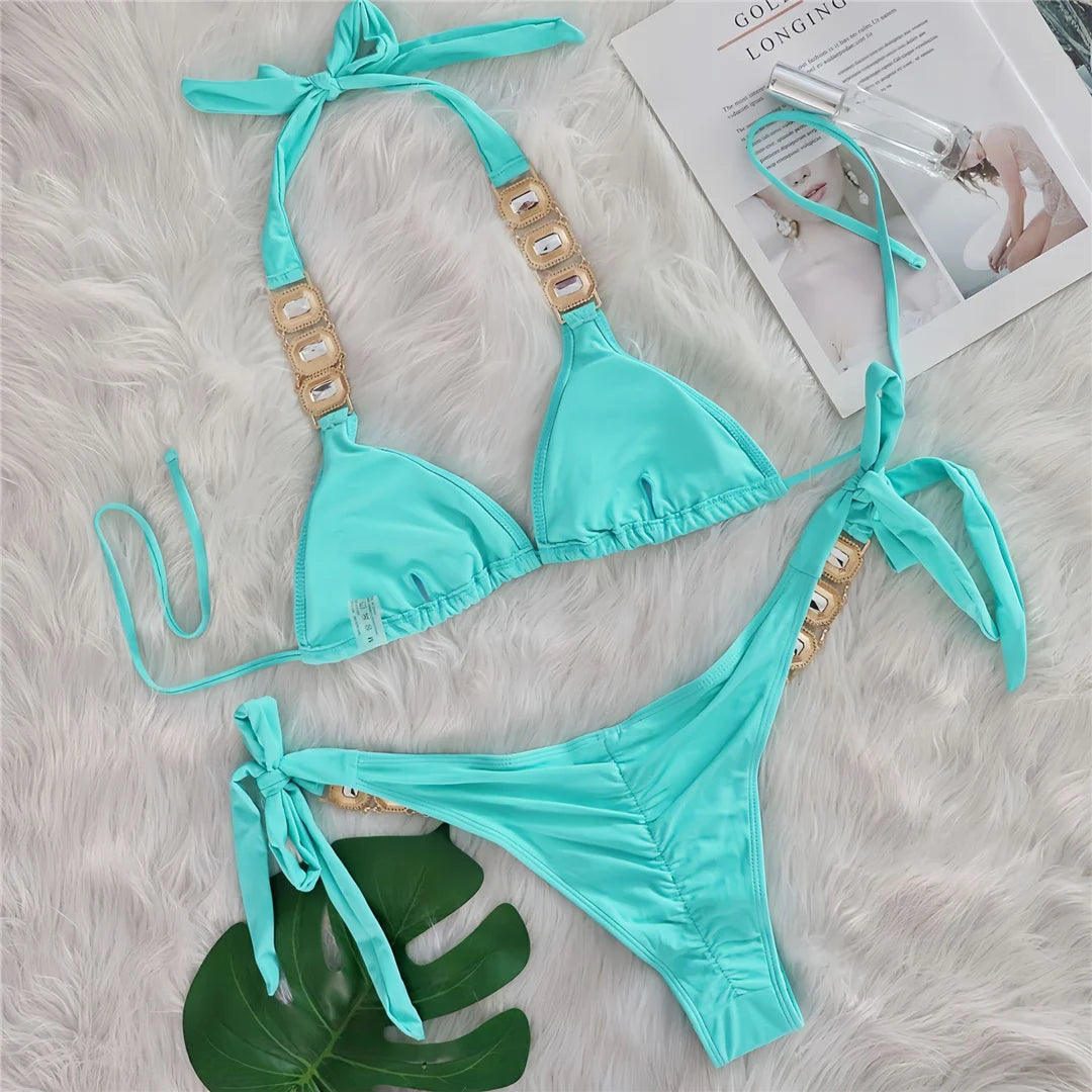 10 Colors Diamond Rhinestones Halter Bikini Women Swimwear Female Swimsuit Two-pieces Bikini set Bather Bathing Suit Swim V6194