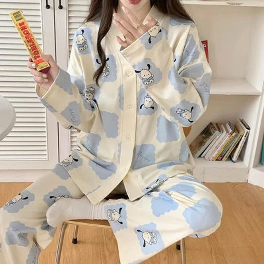 Kawaii Pochacco Girls Pajamas Suit Anime Sanrioed Autumn Homewear Cartoon Woman Cotton Long Sleeves Pants Loose Loungewear Suit
