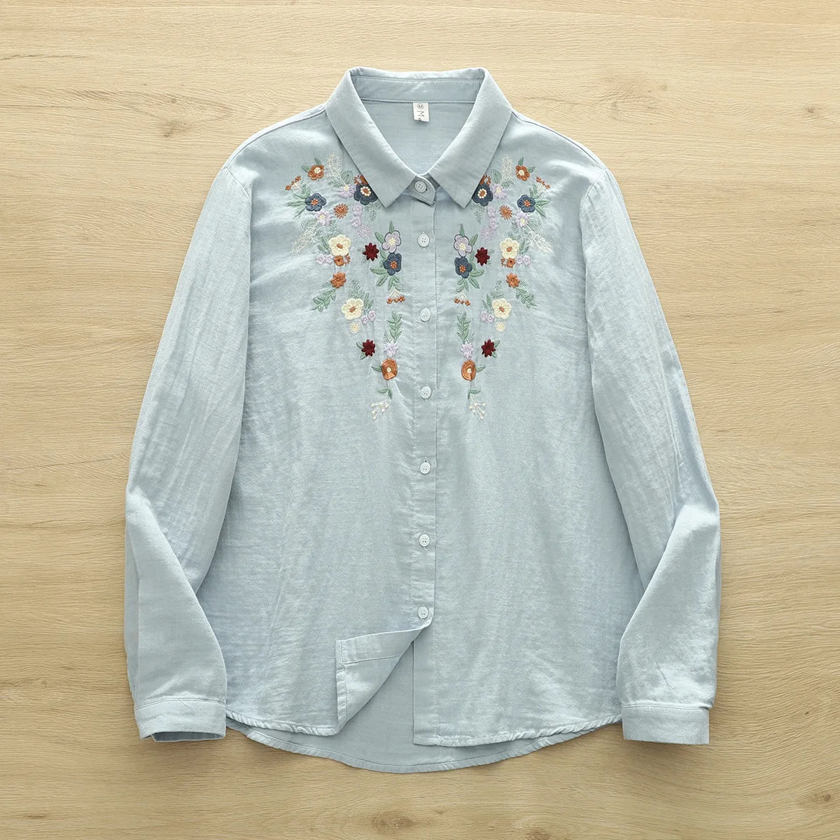 100% Cotton Yarn Blue Pink Gray Blouses Woman Spring Tops Blouses 2025 Fashion Women Trending Floral Embroidery Shirts