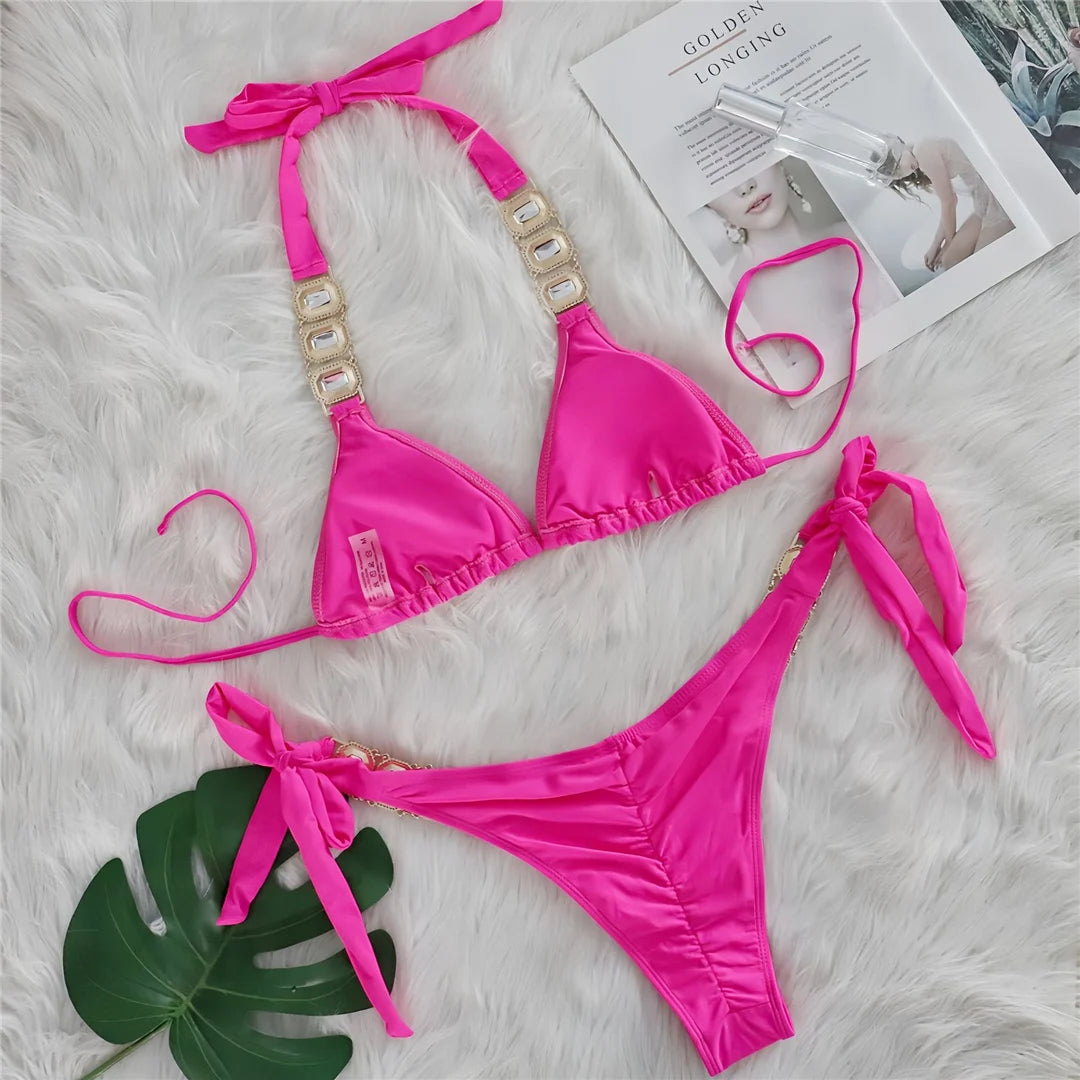 10 Colors Diamond Rhinestones Halter Bikini Women Swimwear Female Swimsuit Two-pieces Bikini set Bather Bathing Suit Swim V6194