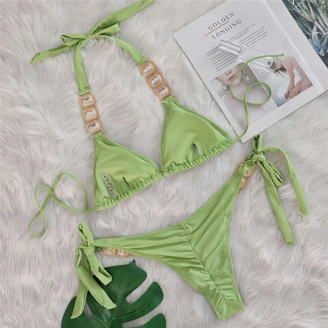 10 Colors Diamond Rhinestones Halter Bikini Women Swimwear Female Swimsuit Two-pieces Bikini set Bather Bathing Suit Swim V6194