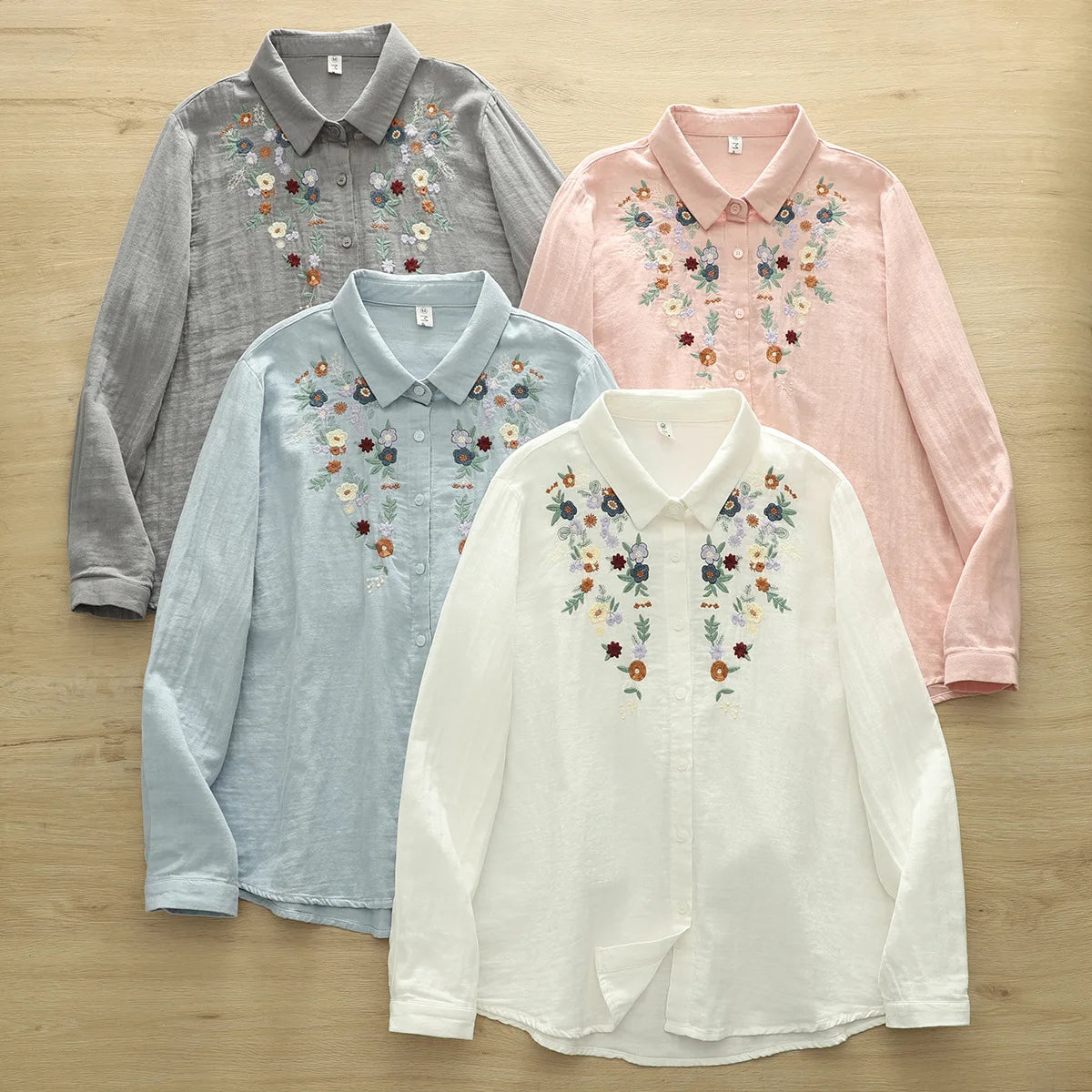 100% Cotton Yarn Blue Pink Gray Blouses Woman Spring Tops Blouses 2025 Fashion Women Trending Floral Embroidery Shirts