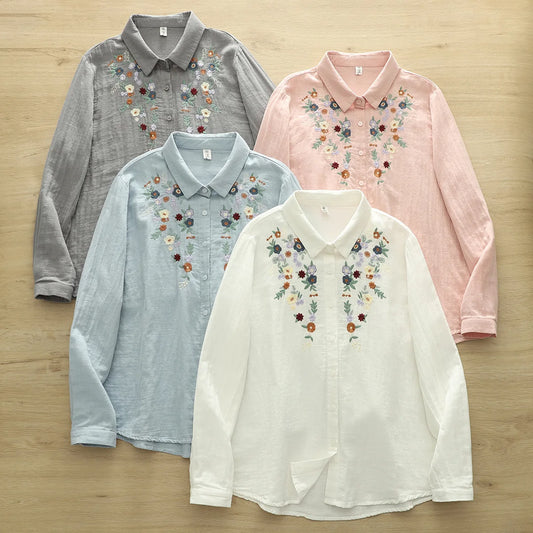 100% Cotton Yarn Blue Pink Gray Blouses Woman Spring Tops Blouses 2025 Fashion Women Trending Floral Embroidery Shirts