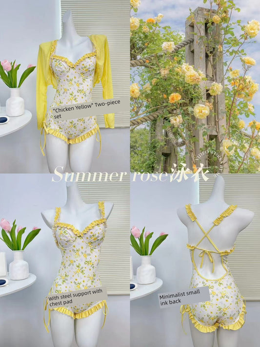 Hot Spring Summer Yellow Floral Women's One-Piece Swimsuit