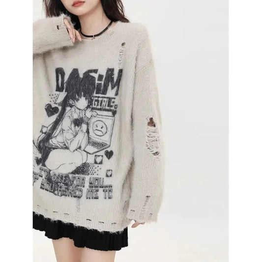 Y2k Sweater Women Autumn 2024 Winter Cartoon Print Casual Loose Sweater Top Simple Elegant American Retro Pullovers Jumpers