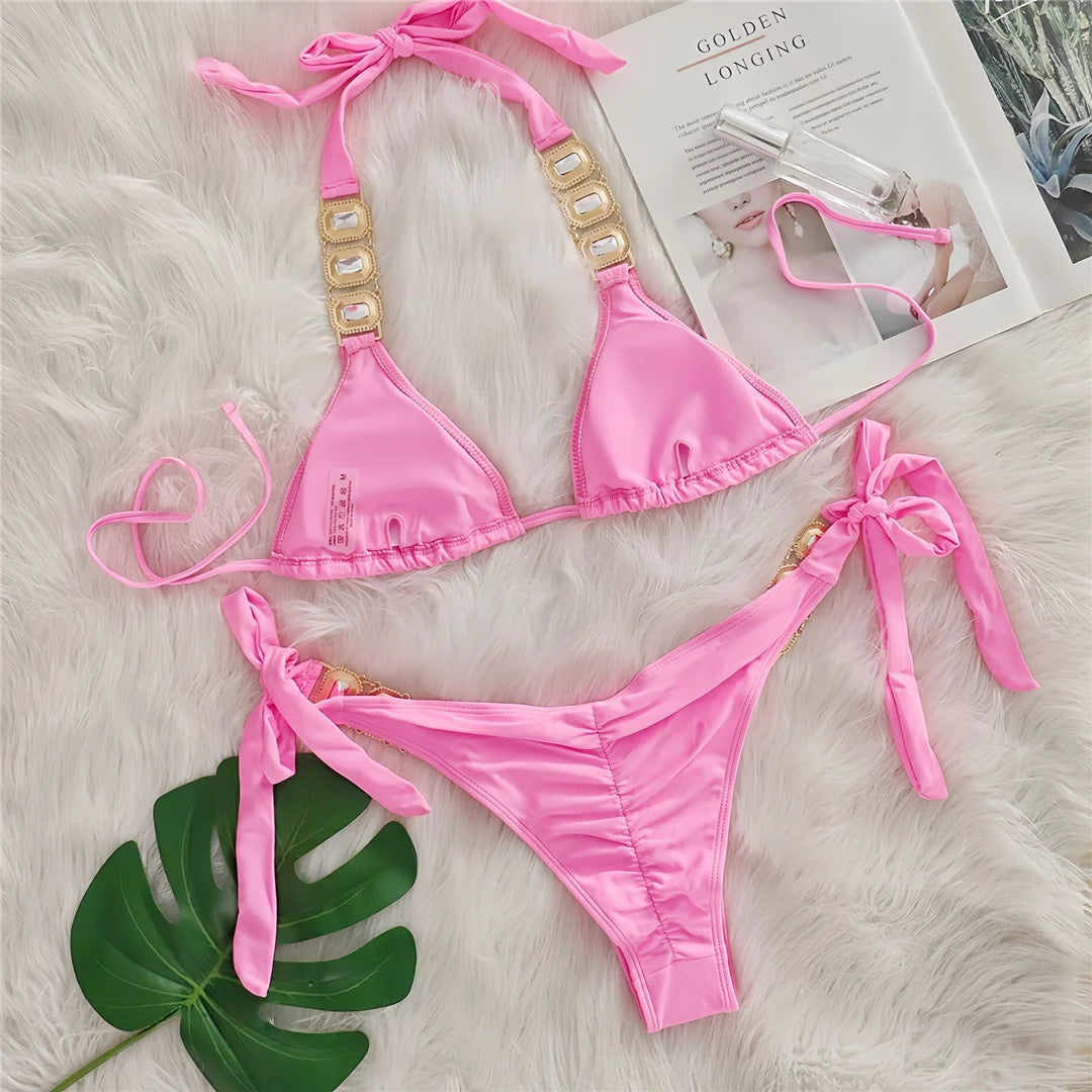 10 Colors Diamond Rhinestones Halter Bikini Women Swimwear Female Swimsuit Two-pieces Bikini set Bather Bathing Suit Swim V6194